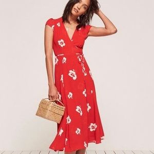 Reformation brand Carina style midi wrap dress.